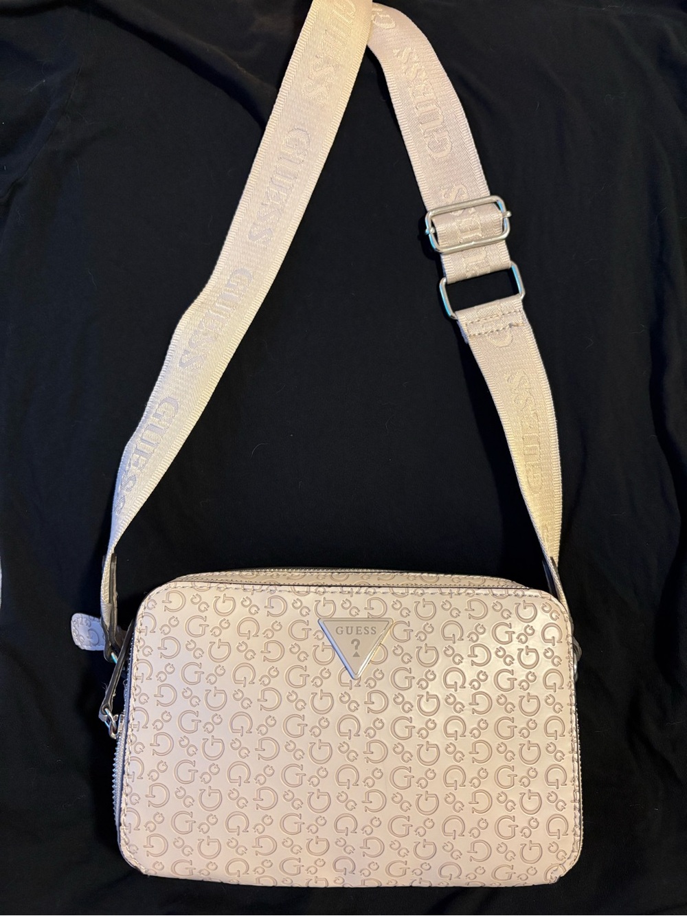 GUESS Cream Monogram Crossbody Bag with Wide Logo Strap